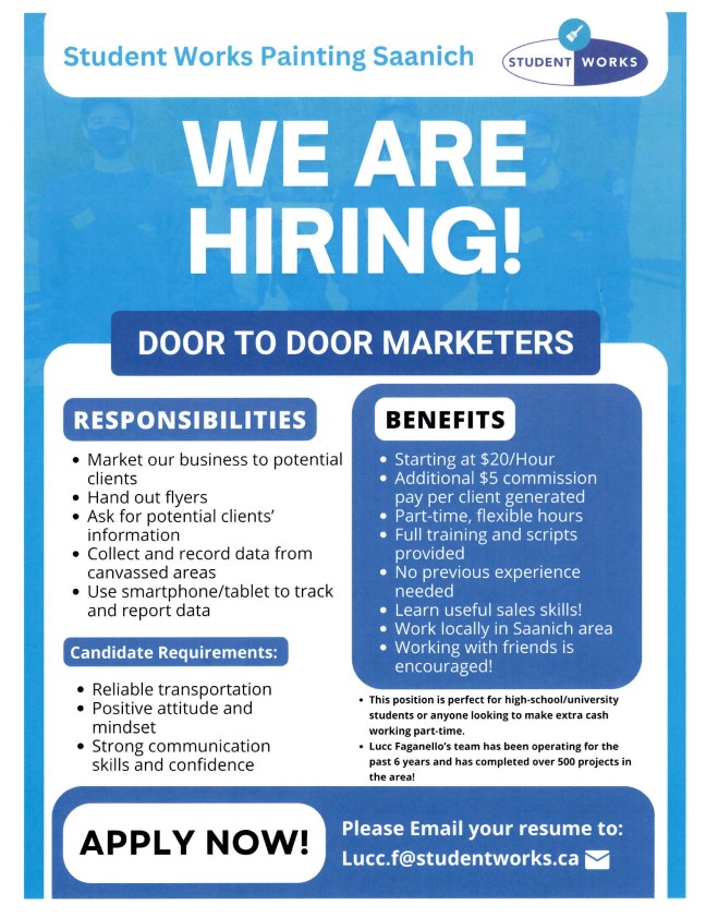 Student Works Painting Saanich - Hiring Door to Door Marketers - Wages starting at $20/hr