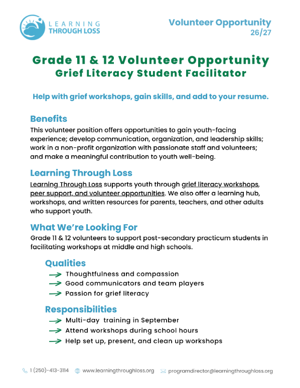 Volunteer Opportunity for Grade 11 & 12 Students - Learning Through Loss
