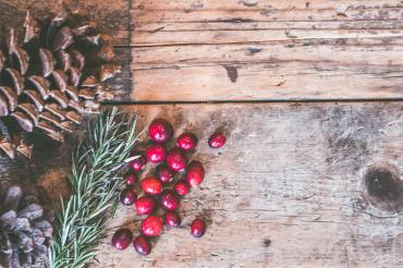 Pinecone, holly and berries on cedar