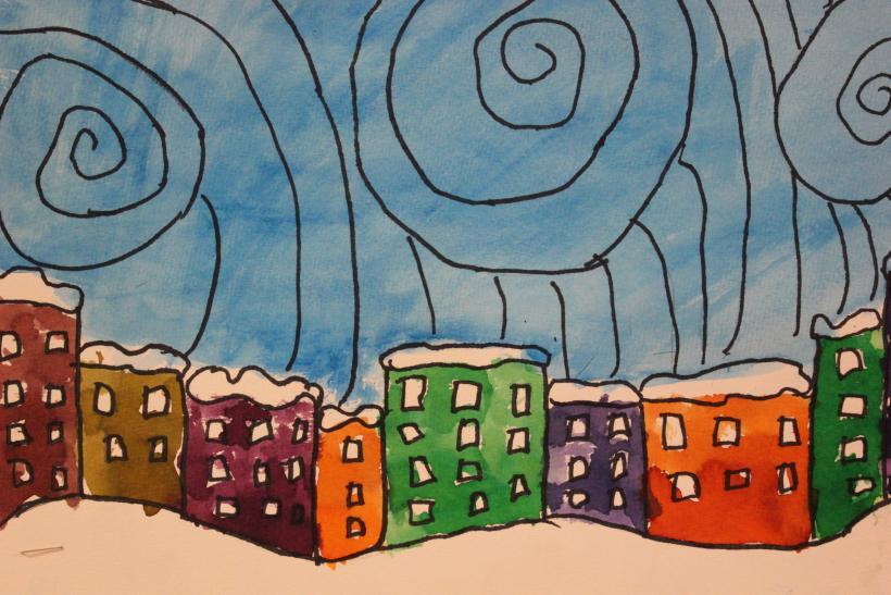 student painting of houses with snow